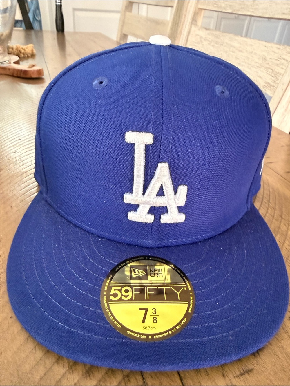 New Era Los Angeles LA Fitted Hat in Royal Blue and White